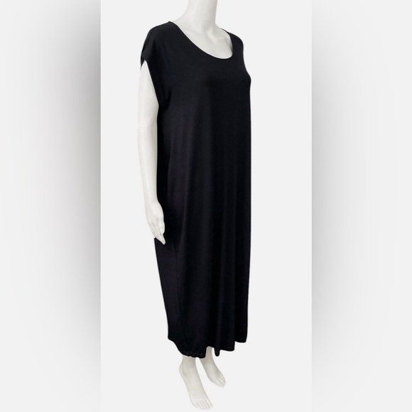 NWOT - Eileen Fisher Black Cap Sleeve Maxi Shift Dress High Slit - Size S/P - Picture 4 of 7